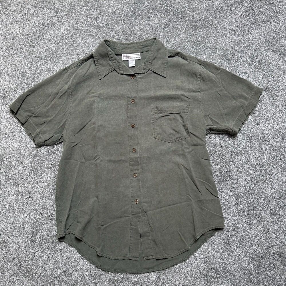 Milano Design Group Vintage 80s Blouse Green Button Shirt 100% Silk Size L